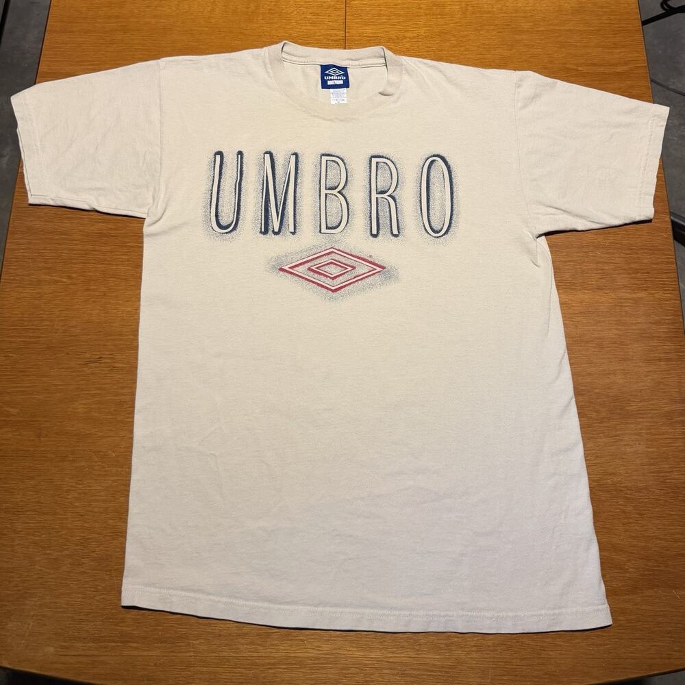 Vintage 90’s Umbro T-Shirt USA Made Beige Short Sleeve 2 Sided Size Large